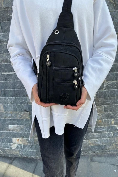 Unisex Siyah Suya Dayanıklı Krinkıl Çapraz Askılı Vücut Ve Bel Çantası Kırinkıl Body Bag ürün görseli 1