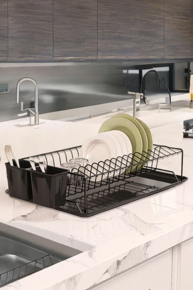 Metaltex Tek Katlı Tablalı Bulaşıklık Pvc Kaplama Siyah 40x27x10cm ürün görseli 1
