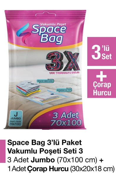 Space Bag 3 Adet 70x100 Vakumlu Poşet Seti + 1 Adet Çorap Hurcu ürün görseli 1