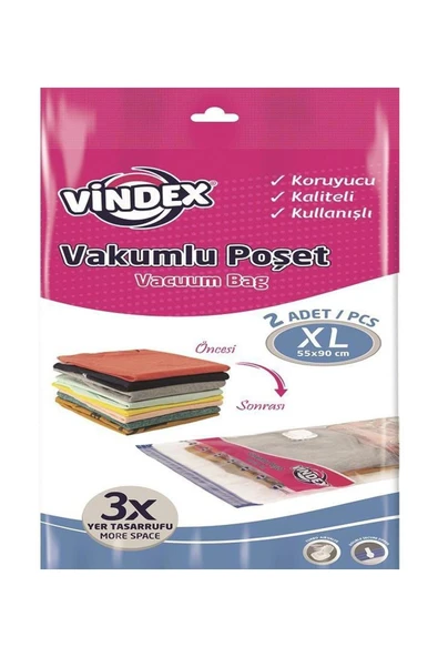 Vindex Vakumlu Giyisi Yastık Yorgan Saklama Torbası Poşeti Hurç - X Large - 55x90 Cm. -2'li 1 Paket ürün görseli 1
