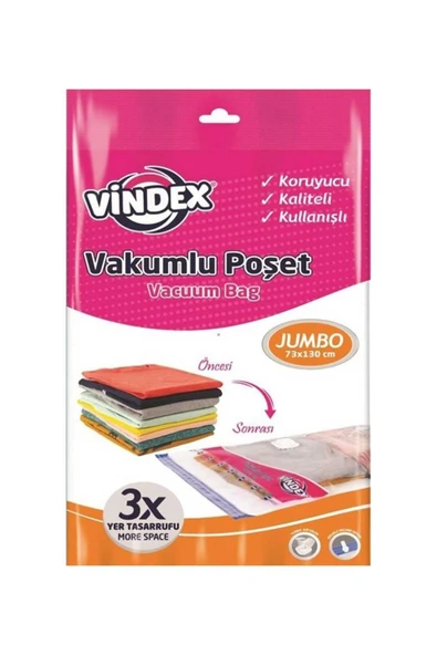 Vindex Vakumlu Giyisi Yastık Yorgan Saklama Torbası Poşeti Hurç - Jumbo - 73x130 Cm. - 1 Paket ürün görseli 1