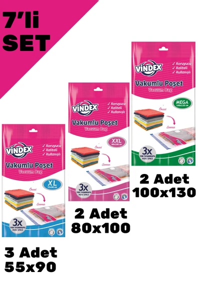 Vindex 7'li Vakumlu Poşet Vakumlu Hurç Ekonomik Set 3XL+2XXL+2MEGA ürün görseli 1