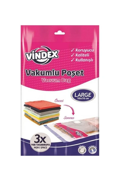 Vindex Vakumlu Giyisi Yastık Yorgan Saklama Torbası Poşeti Hurç - Large - 50x70 Cm. -1 Adetlik Paket ürün görseli 1