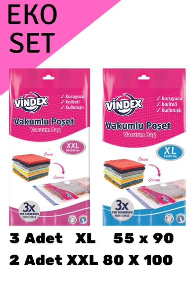 Vindex 5'li Eko Vakumlu Poşet Vakumlu Hurç Ekonomik Set 3XL+2XXL ürün görseli 1