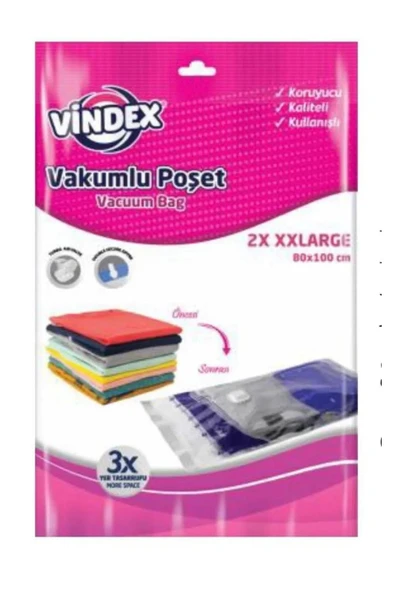 Vindex Vakumlu Giyisi Yastık Yorgan Saklama Torbası Poşeti Hurç - Xx Large -80x100 Cm. -2'li 1 Paket ürün görseli 1