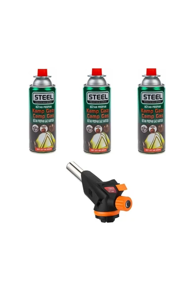STEEL Profesyonel - 3 Adet 400 ml Kamp Gazı - 1 Adet Profesyonel Pürmüz Çakmak ürün görseli 1