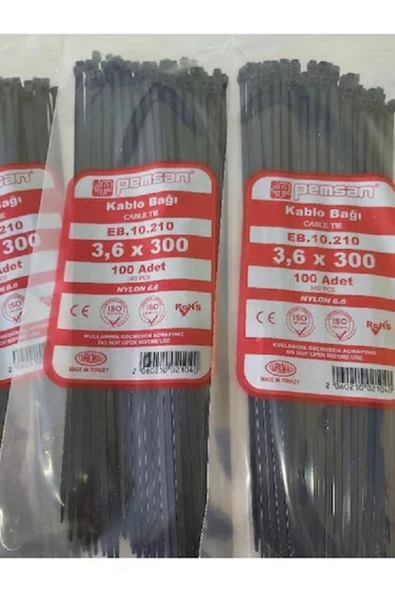 Pemsan 3.6X300 Plastik Cırt Kelepçe Kablo Bağı Siyah 100'Lu Paket ürün görseli 1
