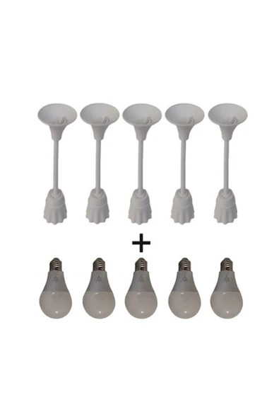 AynurLED Aynur 5 Adet 9w Led Ampul E27 Duy Normal Işık (4000 K) + 5 Adet Porselen Muhafazalı Askı Tij Takımı ürün görseli 1