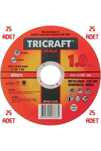 Tricraft Trcx 25 Adet Inox Metal Kesici Taş 115x1.0x22 Mm 25'li ürün görseli 1