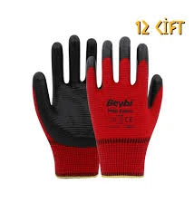 Beybi Polyester-Nitril İş Eldiveni Zebra No: 10 KIRMIZI - 12 Çift ürün görseli 1
