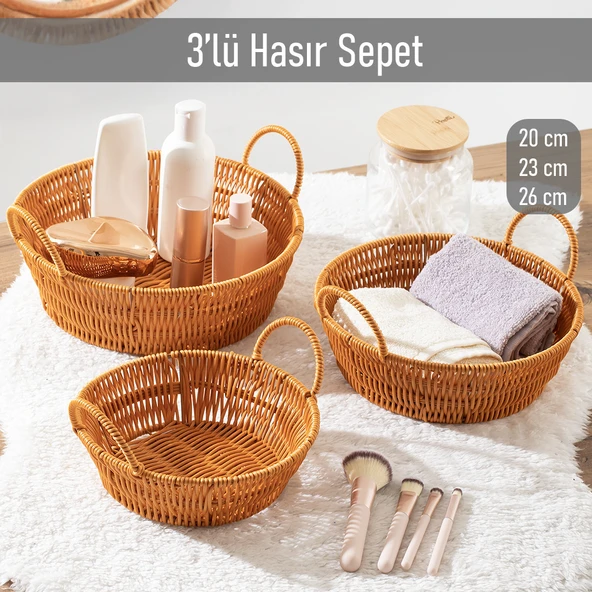 Porsima 304-D Yuvarlak 3'lü Hasır Sepet Dekoratif Ev Düzenleyici Kendinden Kulplu Hasır Sepet Seti Banyo Düzenleyici Sepet ürün görseli 1
