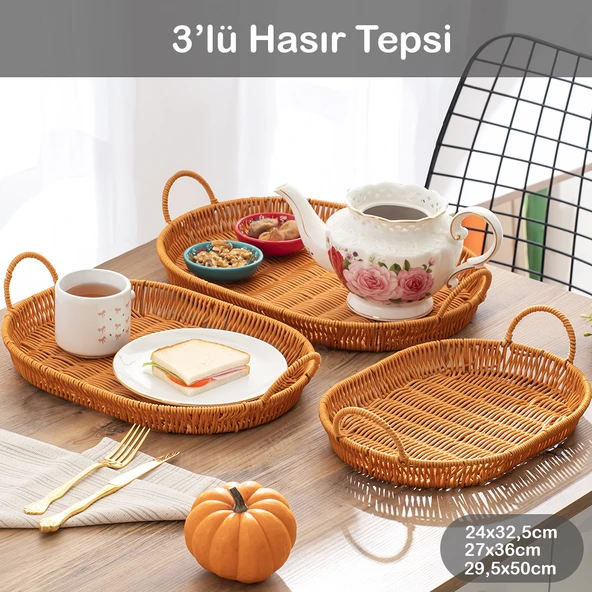Porsima 708-D Oval 3'lü Dekoratif Ev Mutfak Düzenleyici Kulplu Hasır Sepet Seti Hasır Tepsi ürün görseli 1