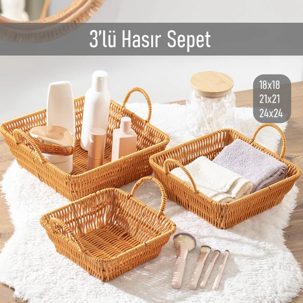 Porsima 303-D Kare 3'lü Hasır Sepet Dekoratif Ev Düzenleyici Kendinden Kulplu Hasır Sepet Seti Banyo Düzenleyici Sepet ürün görseli 1