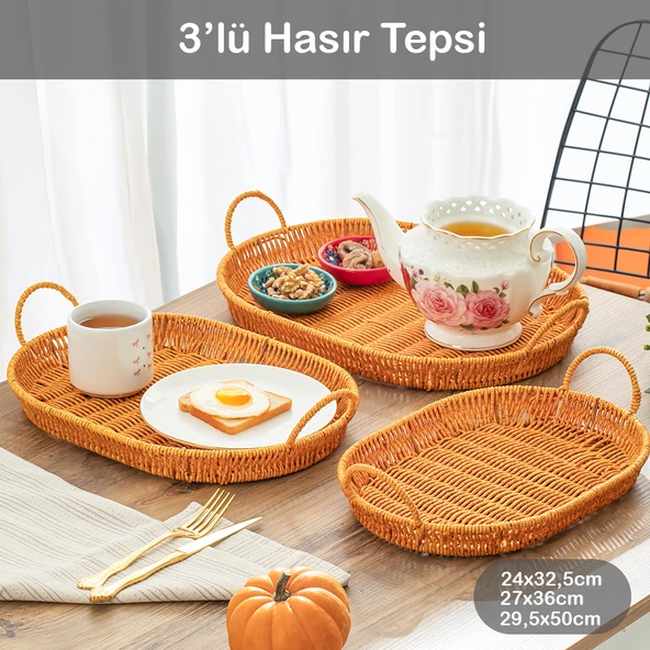 Porsima 708-A Oval 3'lü Dekoratif Ev Mutfak Düzenleyici Kulplu Hasır Sepet Seti Hasır Tepsi ürün görseli 1
