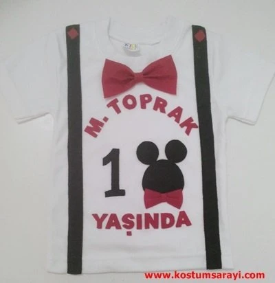 Mickey Mouse Keçe Aplikeli Doğum Günü Temalı Tişört ürün görseli 1