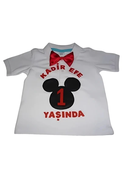 Mickey Mouse Keçe Aplikeli Doğum Günü Temalı Lakos Tişört ürün görseli 1