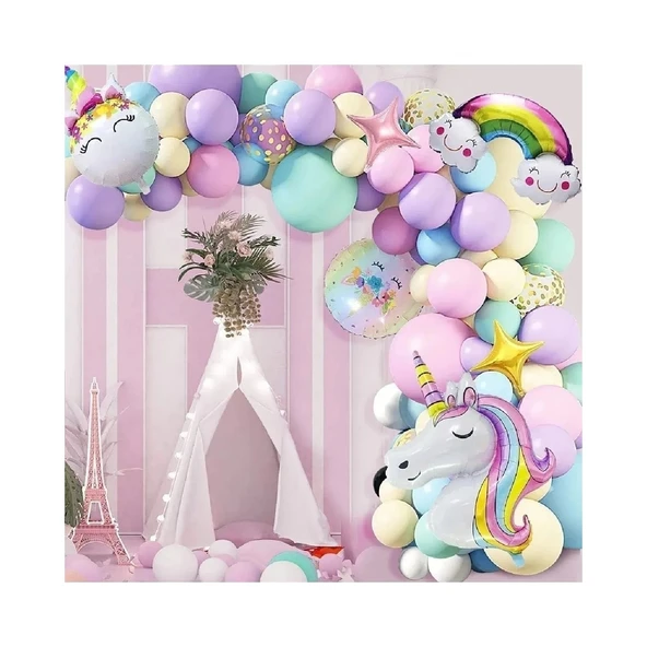 Gökkuşağı Konseptli Unicorn Temalı Makaron Balon Doğum Günü Parti Kutlama Seti ürün görseli 1