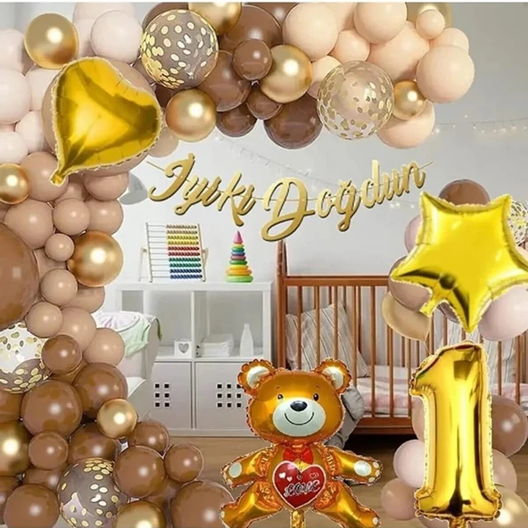 Ayıcıklı Lüks Kahverengi Doğum Günü Süsü Doğum Günü Parti Balon Seti ürün görseli 1