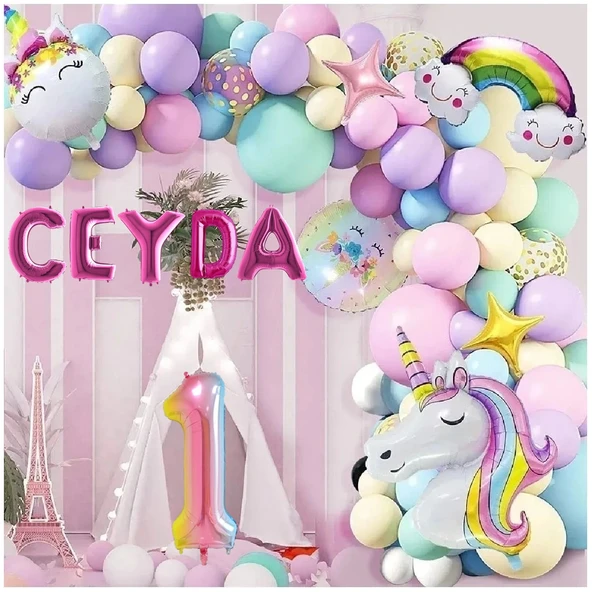 5 Harfli Yaş Seçenekli Gökkuşağı Konseptli Unicorn Temalı Makaron Balon Doğum Günü Parti Kutlama Seti ürün görseli 1