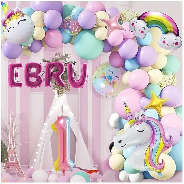 4 Harfli Yaş Seçenekli Gökkuşağı Konseptli Unicorn Temalı Makaron Balon Doğum Günü Parti Kutlama Seti ürün görseli 1