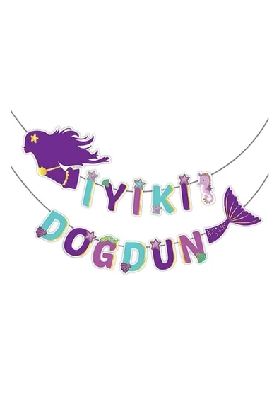 Deniz Kızı Temalı İyi ki Doğdun Yazılı 3D Banner Süs ürün görseli 1