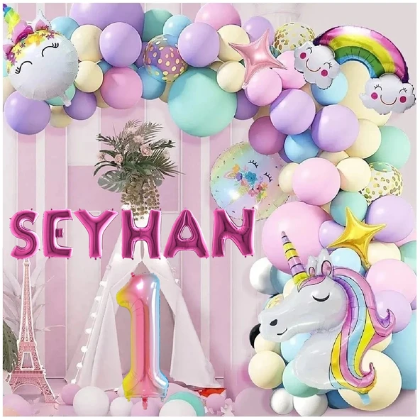 6 Harfli Yaş Seçenekli Gökkuşağı Konseptli Unicorn Temalı Makaron Balon Doğum Günü Parti Kutlama Seti ürün görseli 1