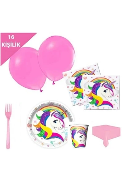 16 Kişilik Unicorn Tabak Bardak Doğum Günü Seti ürün görseli 1