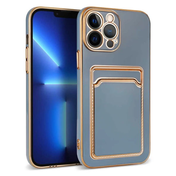 iPhone 12 Pro Max Kılıf Kartlıklı Kamera Korumalı Altın Kenar Tasarım Silikon ürün görseli 1