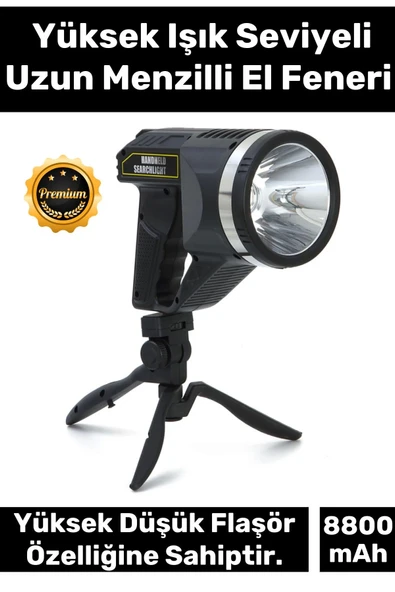 Premium 5 Modlu 8800 mAh Beyaz Aydınlatmalı 18.5cm Uzunluk Askılı Tripod Şarjlı Güvenlik Feneri ürün görseli 1