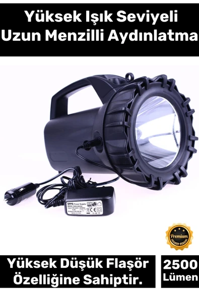 Premium 3 Modlu 2500 Lümen 600 Metre Menzilli Beyaz Aydınlatma Power Led Şarjlı 50 W Büyük Fener ürün görseli 1