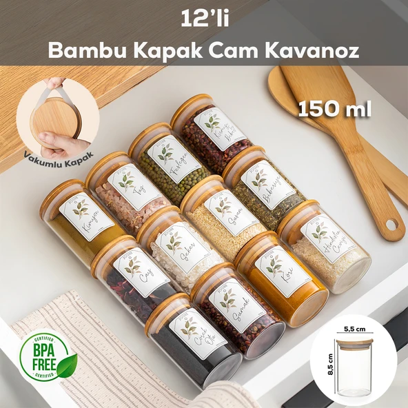 Porsima 3179 Cam 12 Parça Vakumlu Bambu Kapaklı Baharatlık Seti Takımı, Saklama Kabı Etiketli (150ml) ürün görseli 1