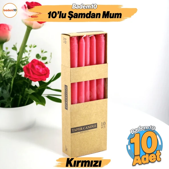 Şamdan Mum 10'lu Düz Kırmızı Dekoratif Mumu Kandil Hediyelik Fitilli Mumluk 25 cm ürün görseli 1