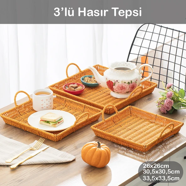 Porsima 709-A Kare 3'lü Dekoratif Ev Banyo Mutfak Düzenleyici Kulplu Hasır Sepet Seti Hasır Tepsi ürün görseli 1