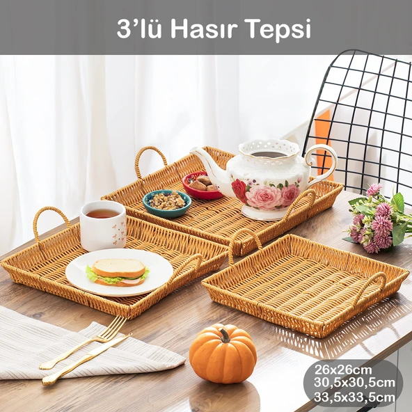Porsima 709-B Kare 3'lü Dekoratif Ev Banyo Mutfak Düzenleyici Kulplu Hasır Sepet Seti Hasır Tepsi ürün görseli 1