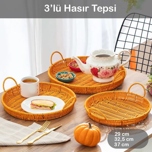 Porsima 710-A Yuvarlak 3'lü Dekoratif Ev Mutfak Düzenleyici Kulplu Hasır Sepet Seti Hasır Tepsi ürün görseli 1