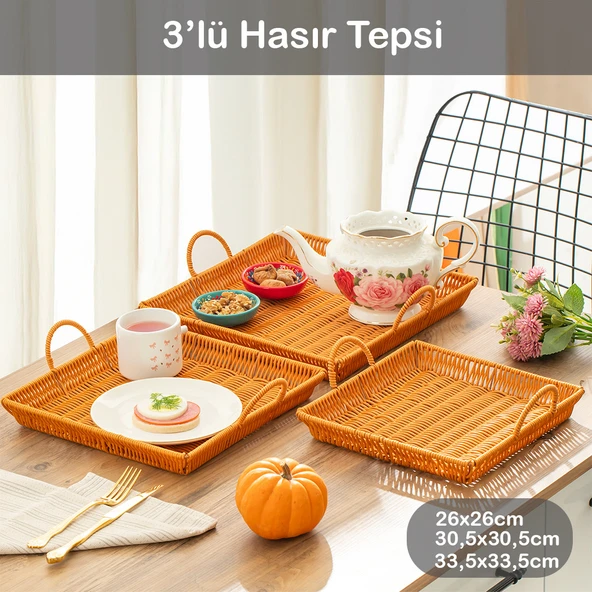 Porsima 709-D Kare 3'lü Dekoratif Ev Banyo Mutfak Düzenleyici Kulplu Hasır Sepet Seti Hasır Tepsi ürün görseli 1
