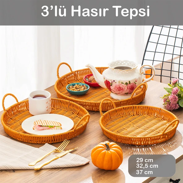 Porsima 710-D Yuvarlak 3'lü Dekoratif Ev Mutfak Düzenleyici Kulplu Hasır Sepet Seti Hasır Tepsi ürün görseli 1