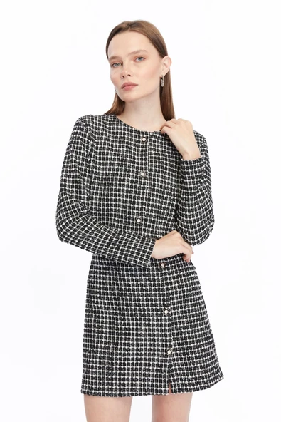 Ekose Tüvit Blazer Ceket Mini Etek Takım - Resim 6
