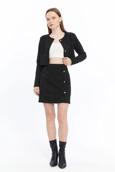 Ekose Tüvit Blazer Ceket Mini Etek Takım - Resim 9