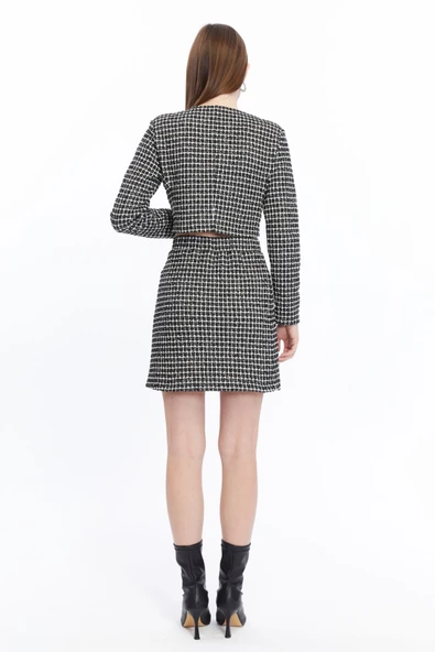 Ekose Tüvit Blazer Ceket Mini Etek Takım - Resim 8