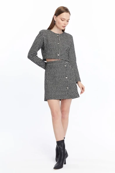 Ekose Tüvit Blazer Ceket Mini Etek Takım - Resim 5