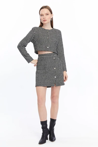 Ekose Tüvit Blazer Ceket Mini Etek Takım - Resim 3