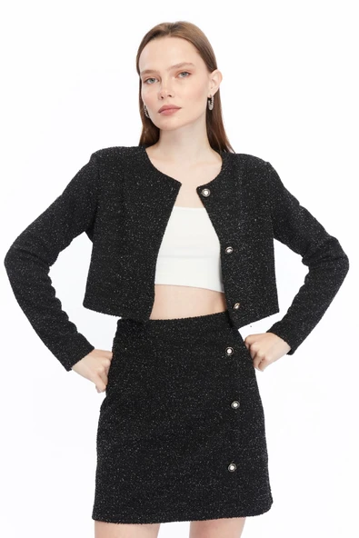 Ekose Tüvit Blazer Ceket Mini Etek Takım - Resim 10