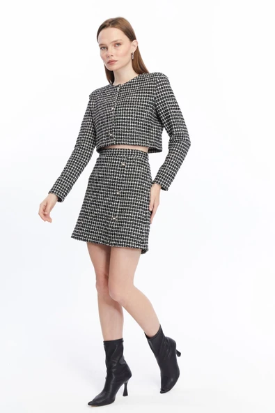 Ekose Tüvit Blazer Ceket Mini Etek Takım - Resim 4