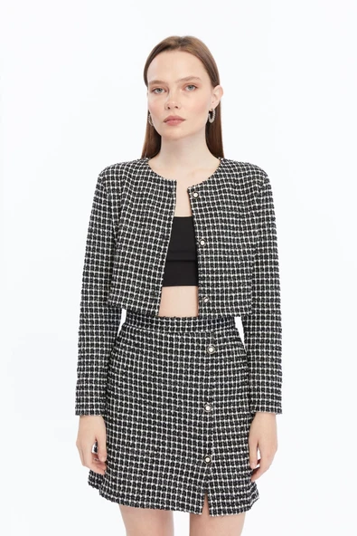 Ekose Tüvit Blazer Ceket Mini Etek Takım ürün görseli 1