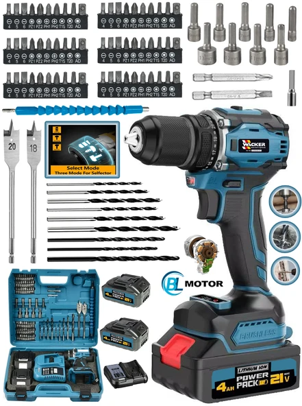Wacker Pro Alman W-2130 Darbeli Kömürsüz Motor SaMsung Pilli 2 Akülü Vidalama Matkap + 84 Parça Aksesuar Set ürün görseli 1