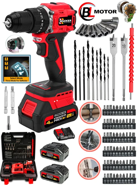 Wacker Pro Germany W-2180 Darbeli BRUSHLESS Motor Samsung Pilli 2 Akülü Vidalama Matkap + 84 Parça Aksesuar Set ürün görseli 1