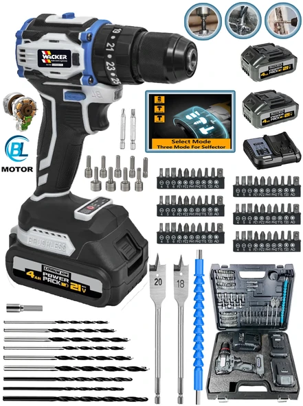 Wacker Pro Alman W-2060 Darbeli Kömürsüz Motor SaMsung Pilli 2 Akülü Vidalama Matkap + 84 Parça Aksesuar Set ürün görseli 1