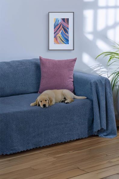 Jakarlı Şönil Koltuk Örtüsü  | Çekyat Örtüsü | Koltuk Şalı 175x300 Kaymaz Gece Mavisi ürün görseli 1