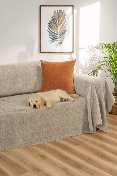Jakarlı Şönil Koltuk Örtüsü  | Çekyat Örtüsü | Koltuk Şalı 175x300 Kaymaz Bej ürün görseli 1